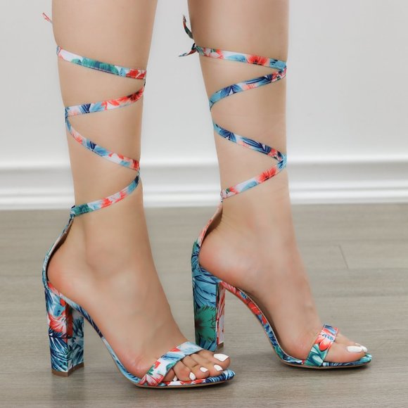 Shoes - Blue Floral Laced-up Leg Tie, Ankle Strap Sandals